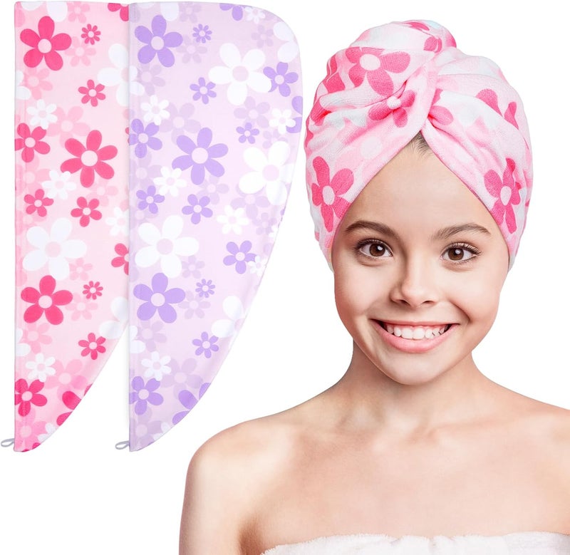 Basumee Microfiber Hair Towel Wrap for Kids 2 Pack Rapid Drying Hair Towel with Button Hair Turbans for Wet Hair Wraps Head Towel Wrap for Women and Girls - Image 1